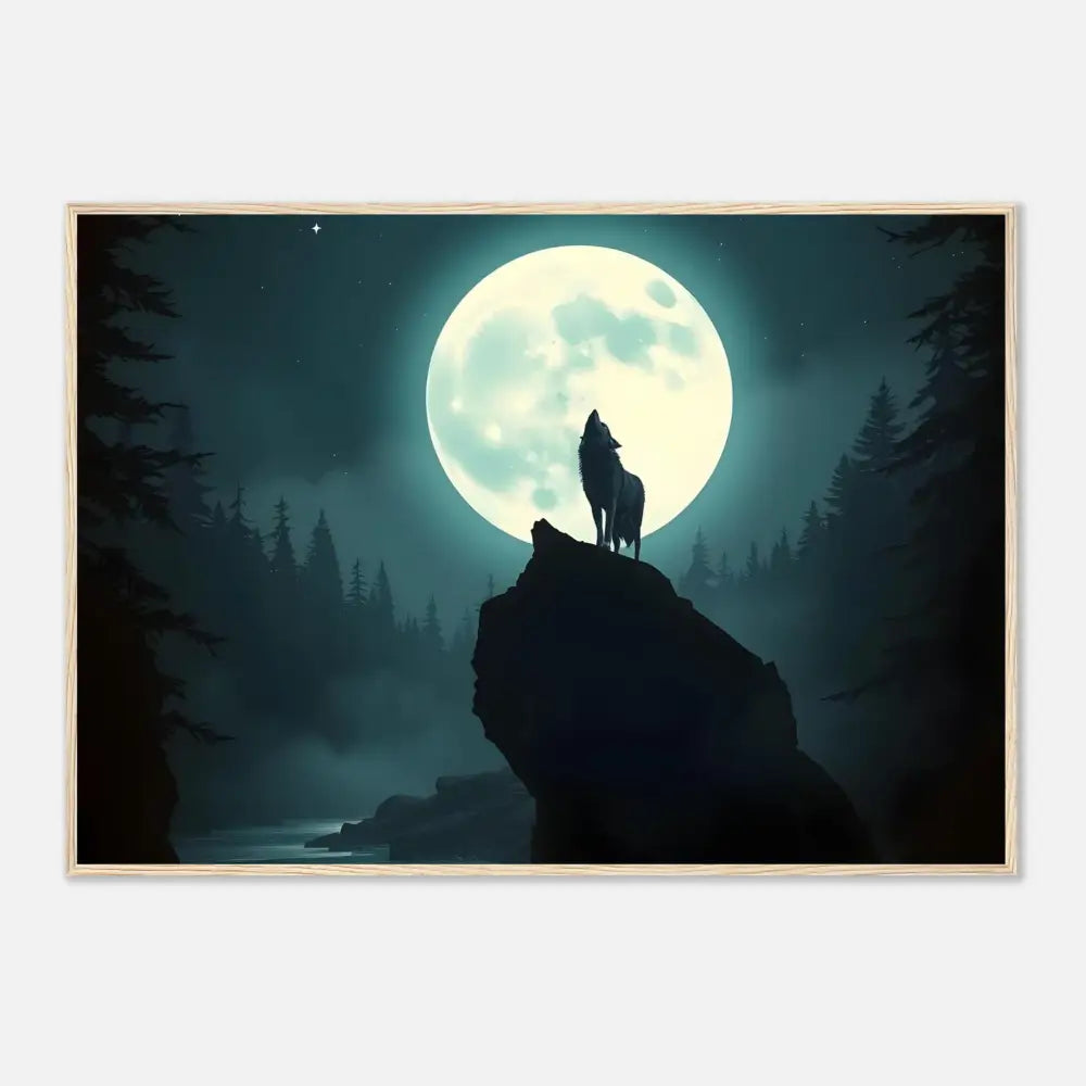 Framed wolf howling at the moon on Premium Matte Paper Wooden Framed Poster PixiOnyx Lunar Reverie