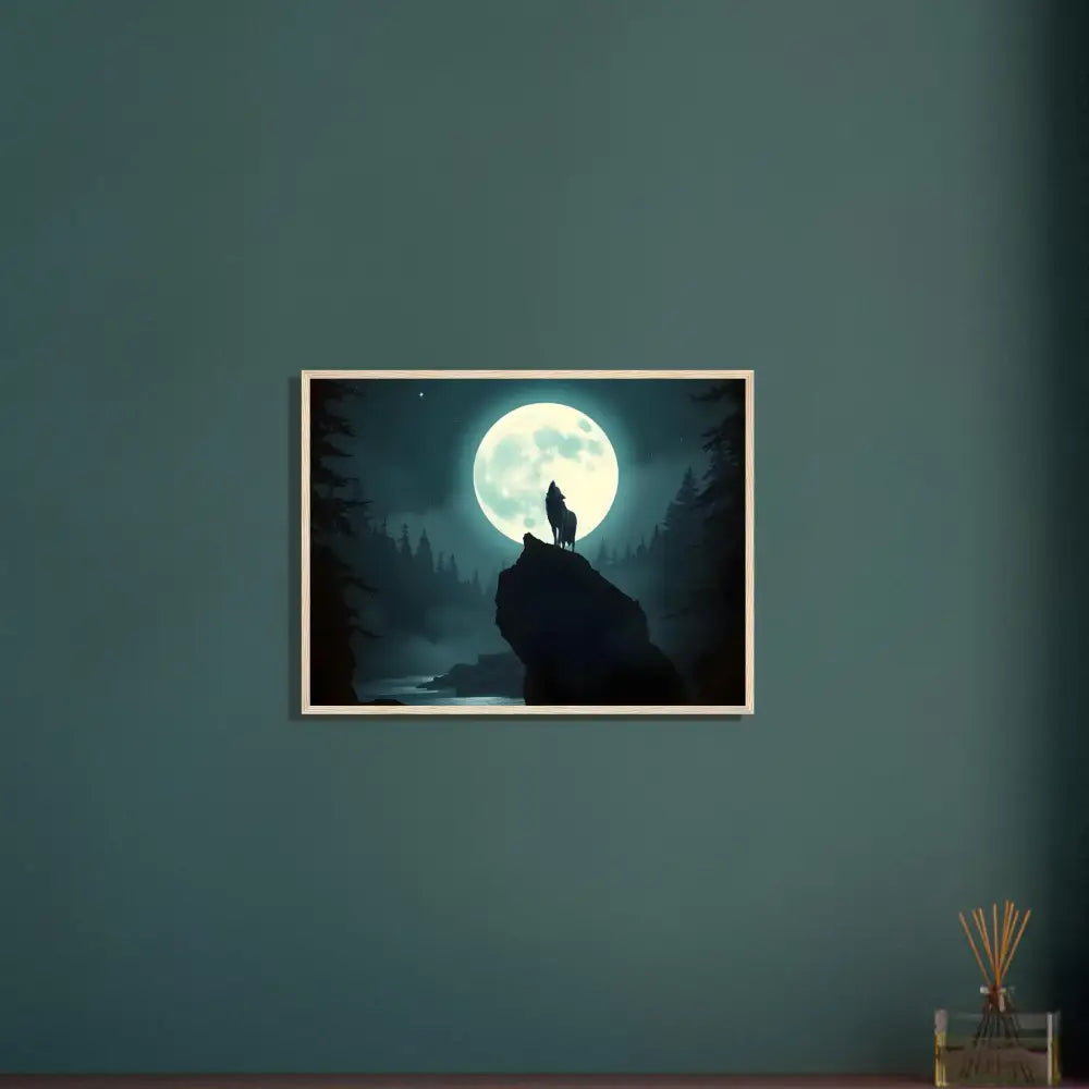 Framed wolf howling at moon artwork on premium matte paper wooden poster in Lunar Reverie collection