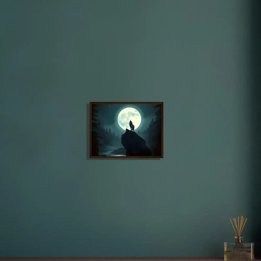 Framed wolf howling at moon artwork on premium matte paper in wooden frame PixiOnyx Lunar Reverie