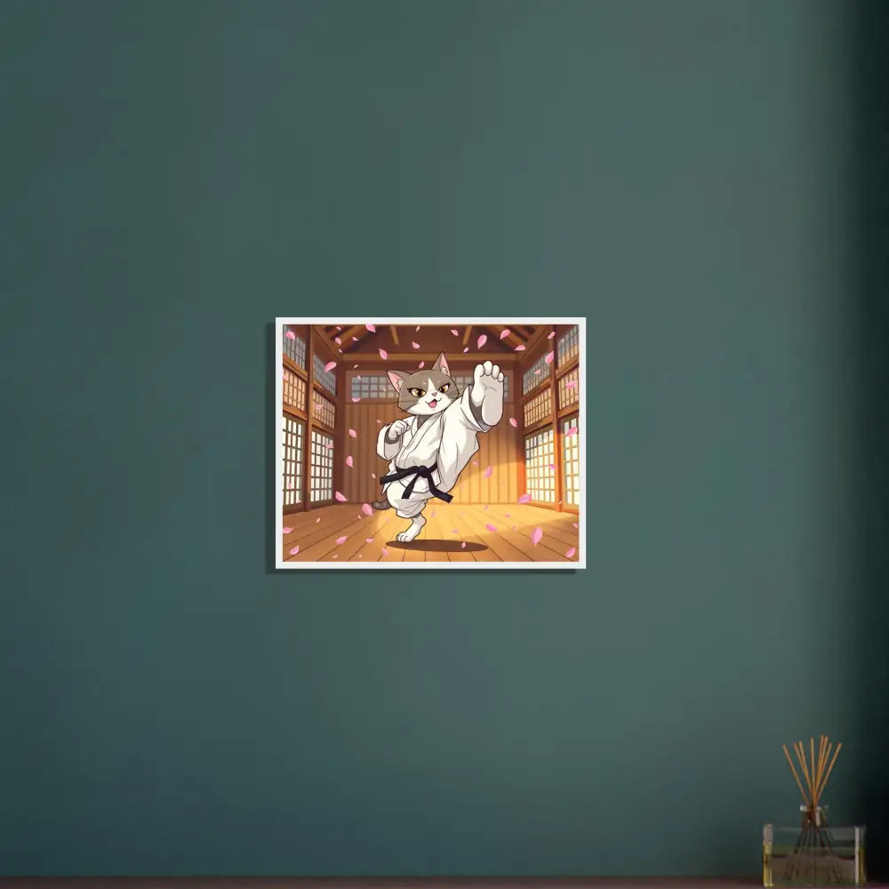 Framed cartoon of a karate cat poster on Premium Matte Paper with Cherry Blossom theme