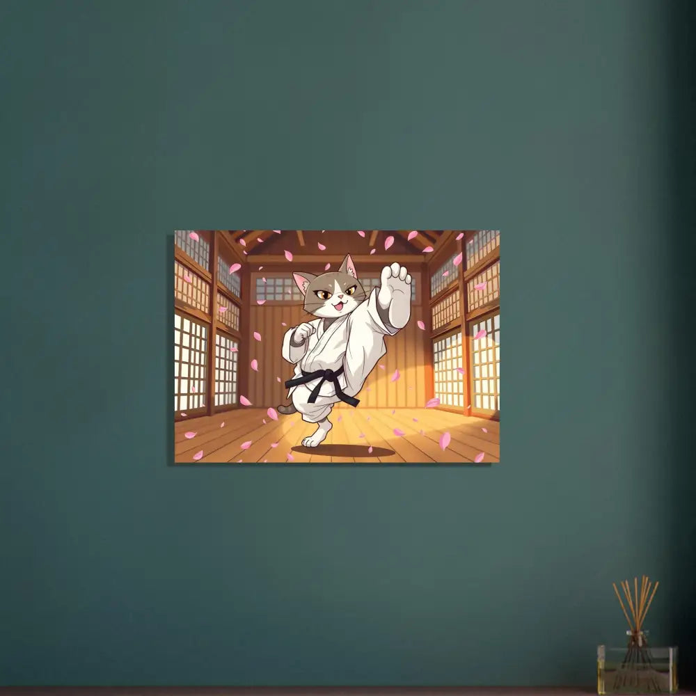 Karate cat canvas art on wooden framed poster with Cherry Blossom Showdown design