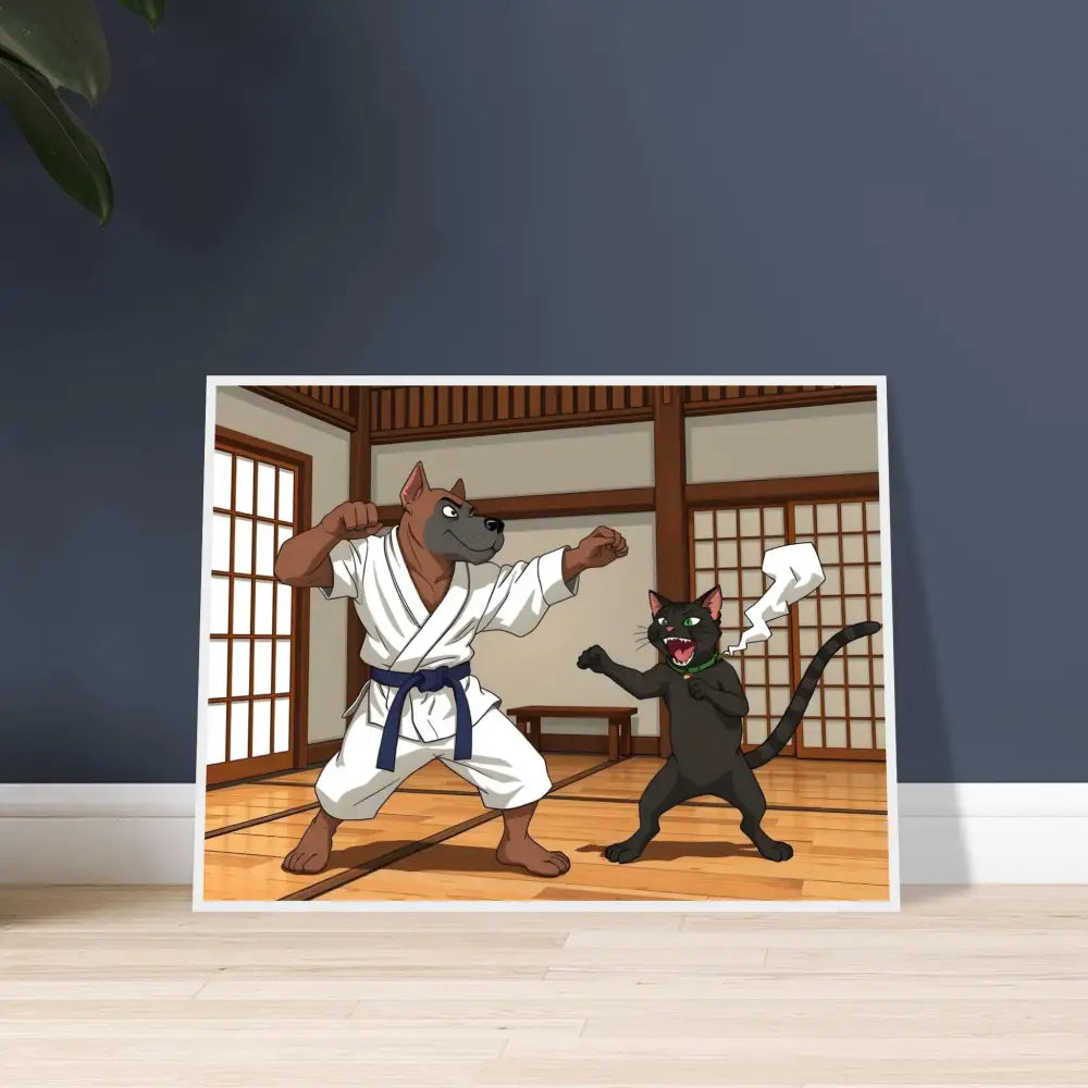 Cartoon karate dog and cat poster on premium matte paper wooden frame