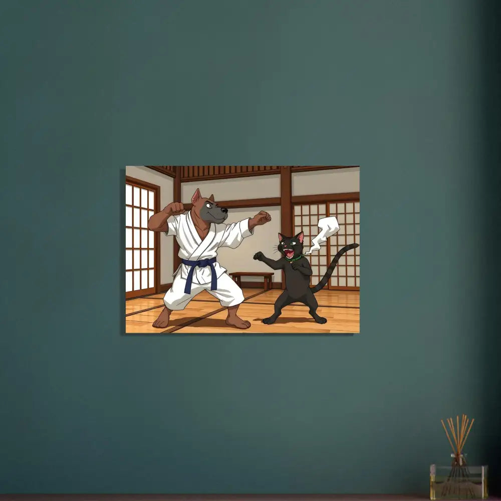 Cartoon Karate dog and cat poster framed on premium matte wooden sign