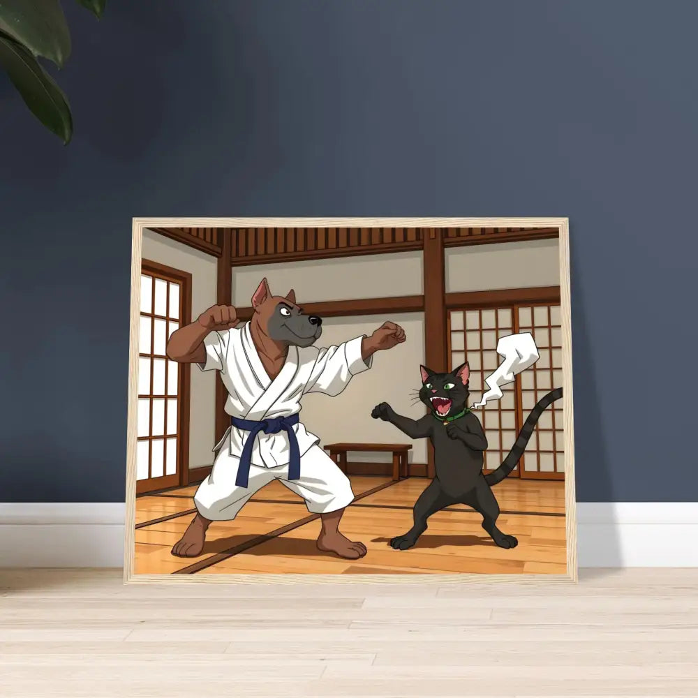 Framed cartoon of a dog and cat karate fighting for PixiOnyx Martial Mayhem poster