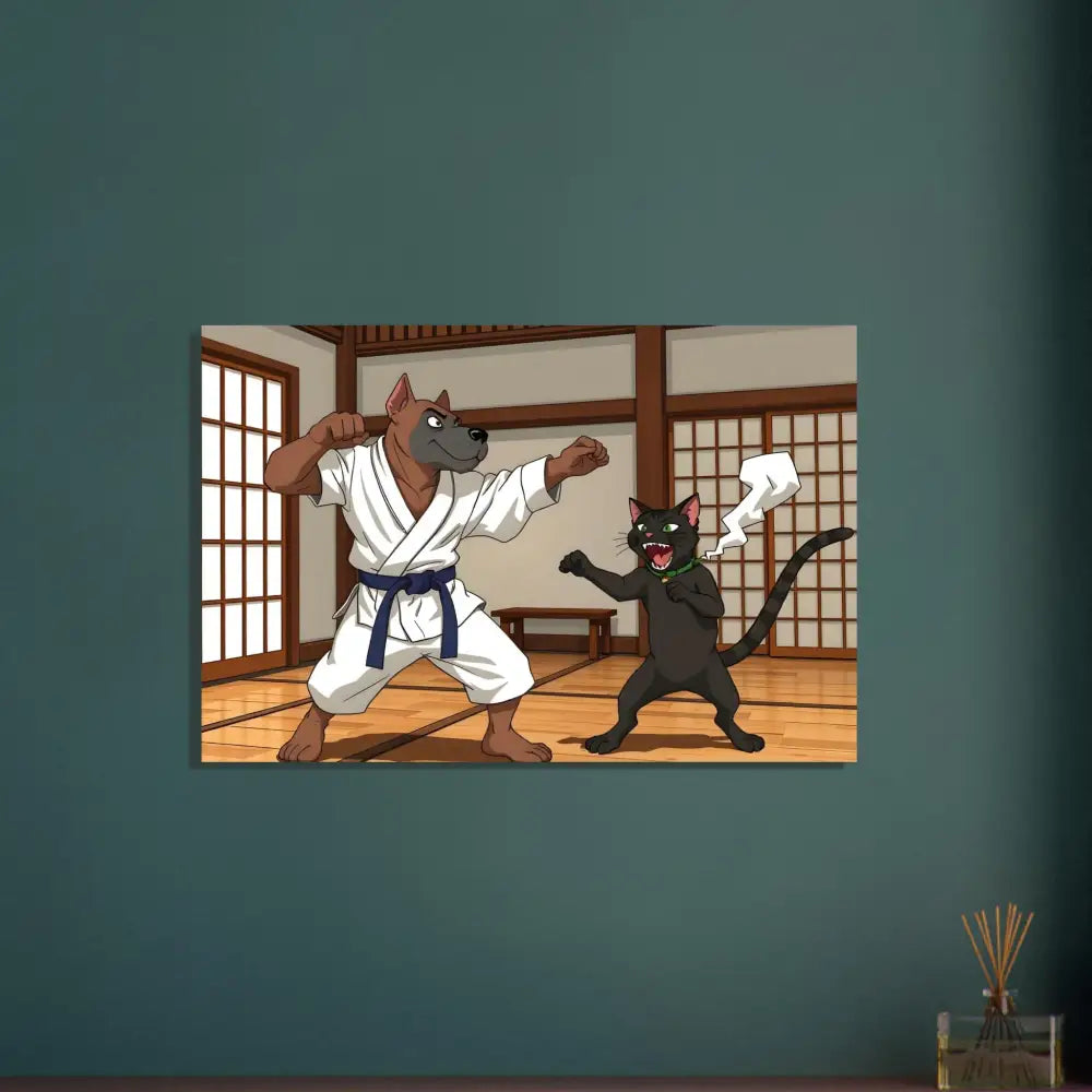 Cartoon dog and cat engaging in karate match on wooden framed poster for Paws of Fury