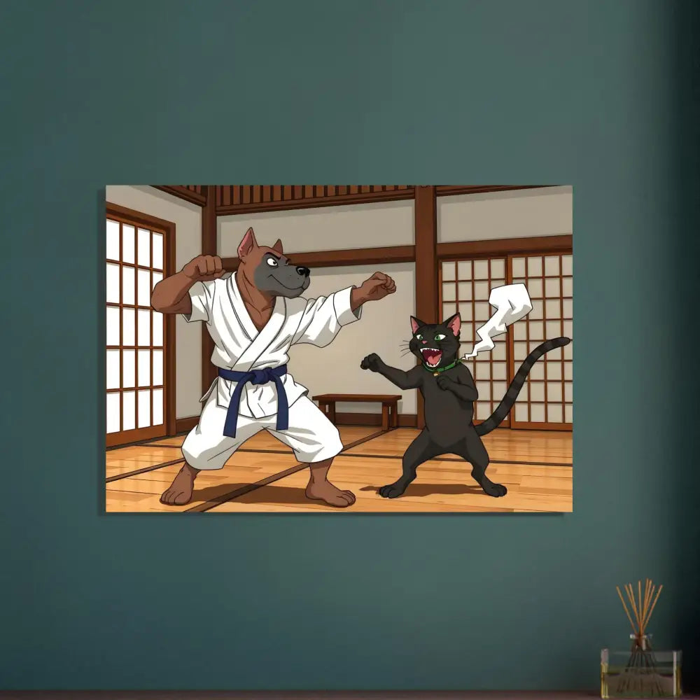 Cartoon karate dog and cat poster on premium matte paper wooden frame