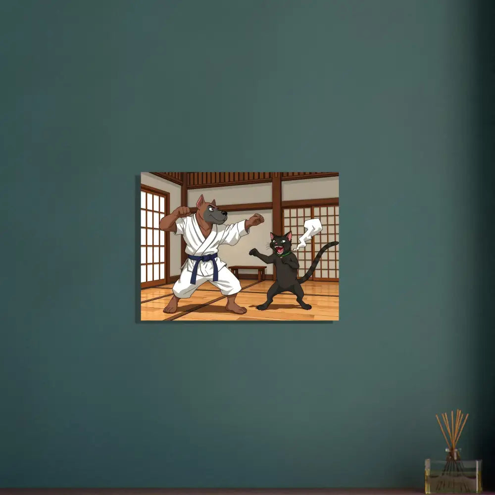 Cartoon karate dog and cat poster on premium matte wooden frame displaying Paws of Fury
