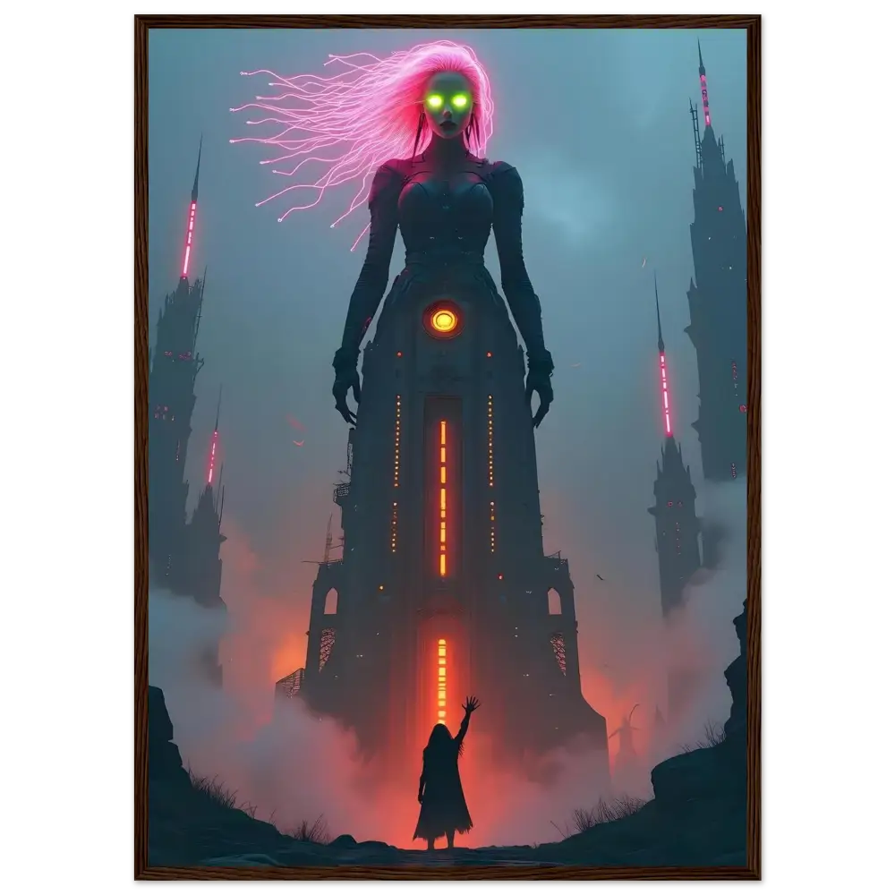 Towering cyborg sorceress art on PixiOnyx archival wooden framed poster