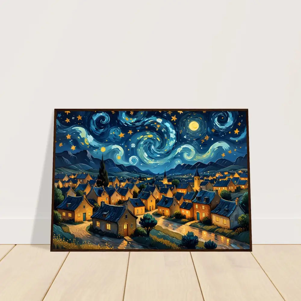 Framed starry night village painting on premium matte paper displayed in PixiOnyx Nightscape poster