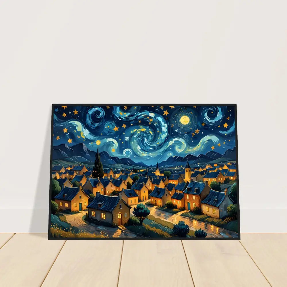 Framed starry night village painting on premium matte paper wall art display