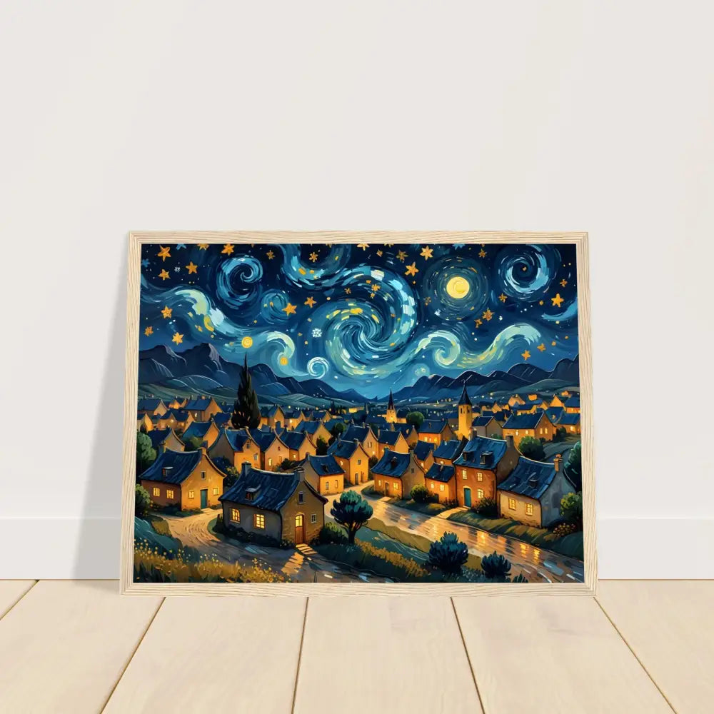 Framed Starry Night village painting on premium matte paper with wooden frame displayed in PixiOnyx Nightscape Poster