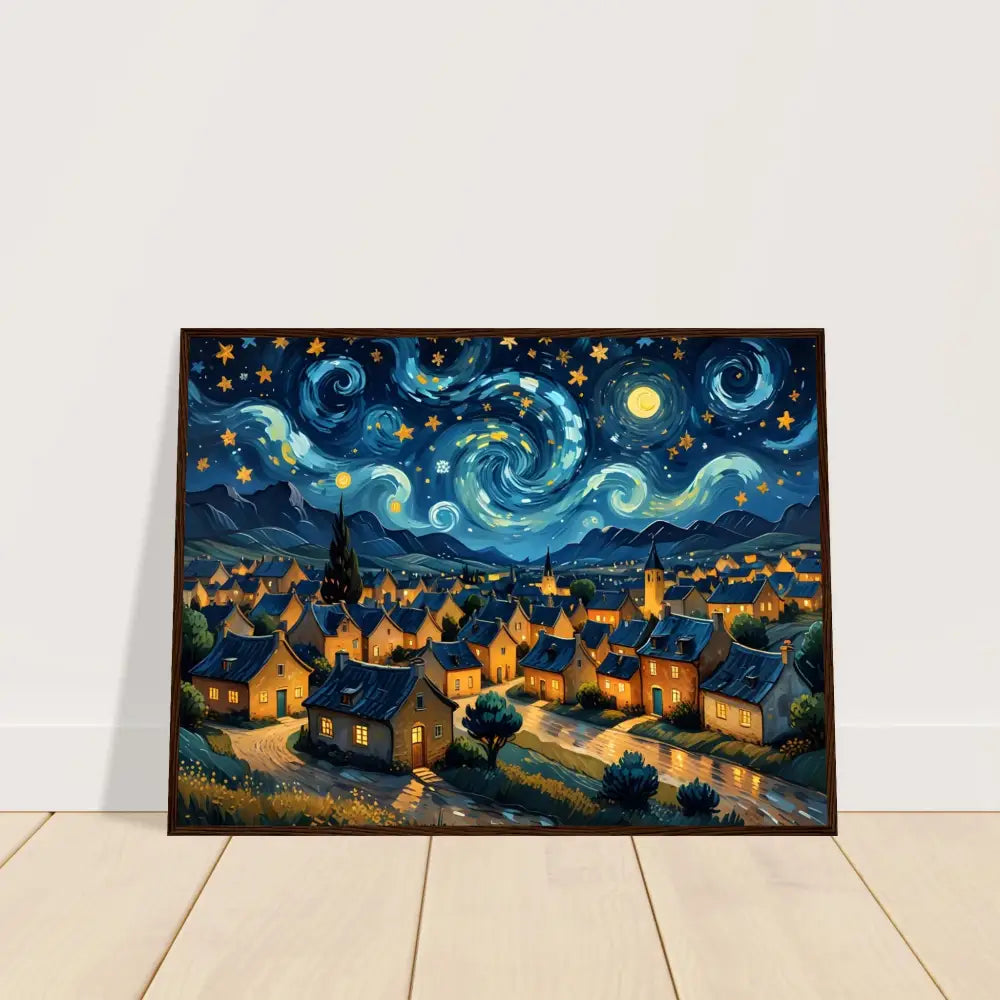 Framed starry night village painting on premium matte paper displayed in a wooden frame