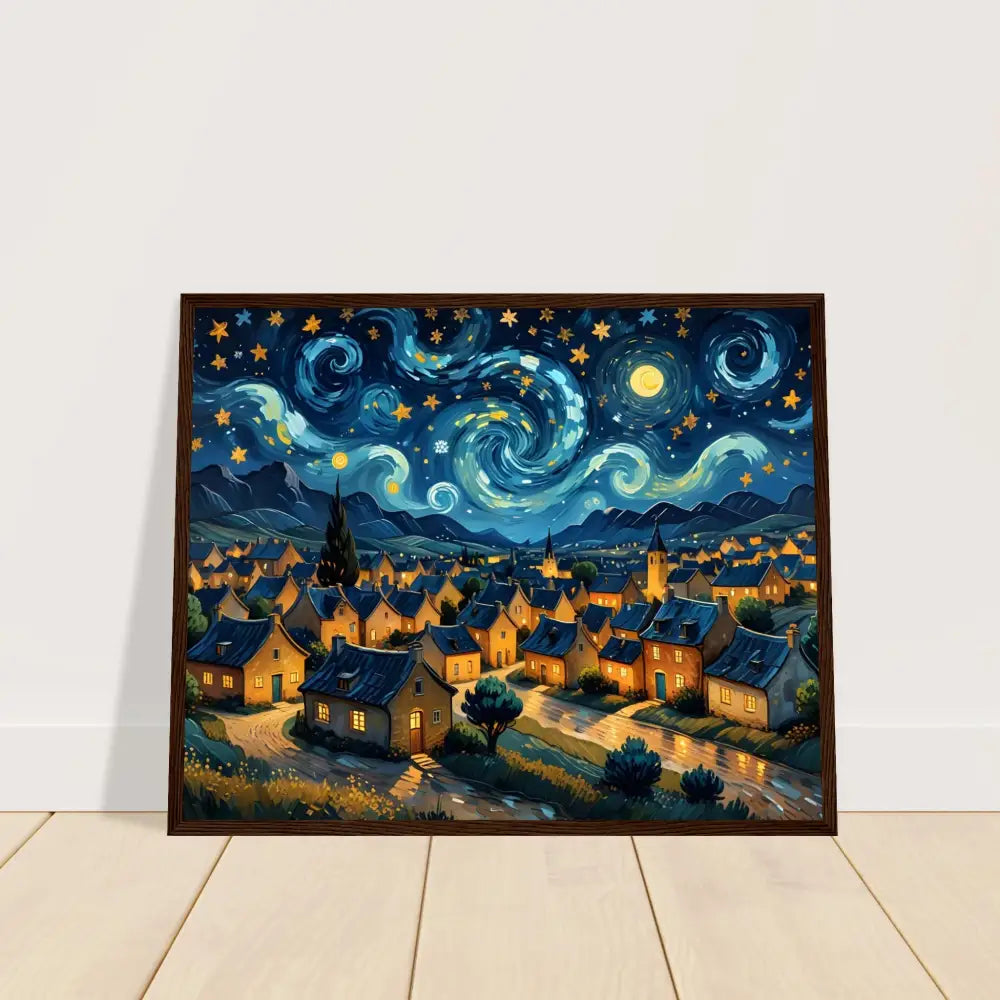 Framed Starry Night Village painting on Premium Matte Paper wooden poster display