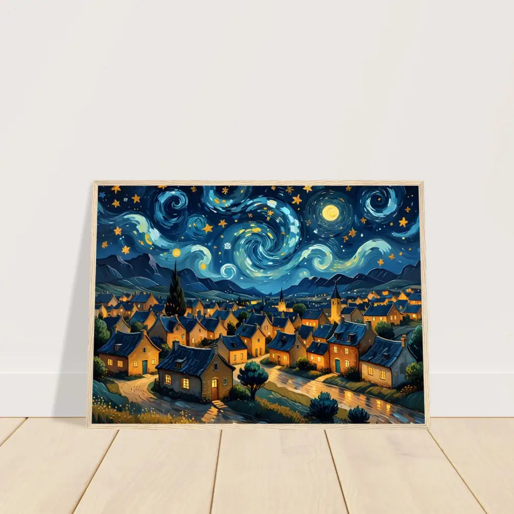 Framed Starry Night village painting on premium matte paper in wooden frame display