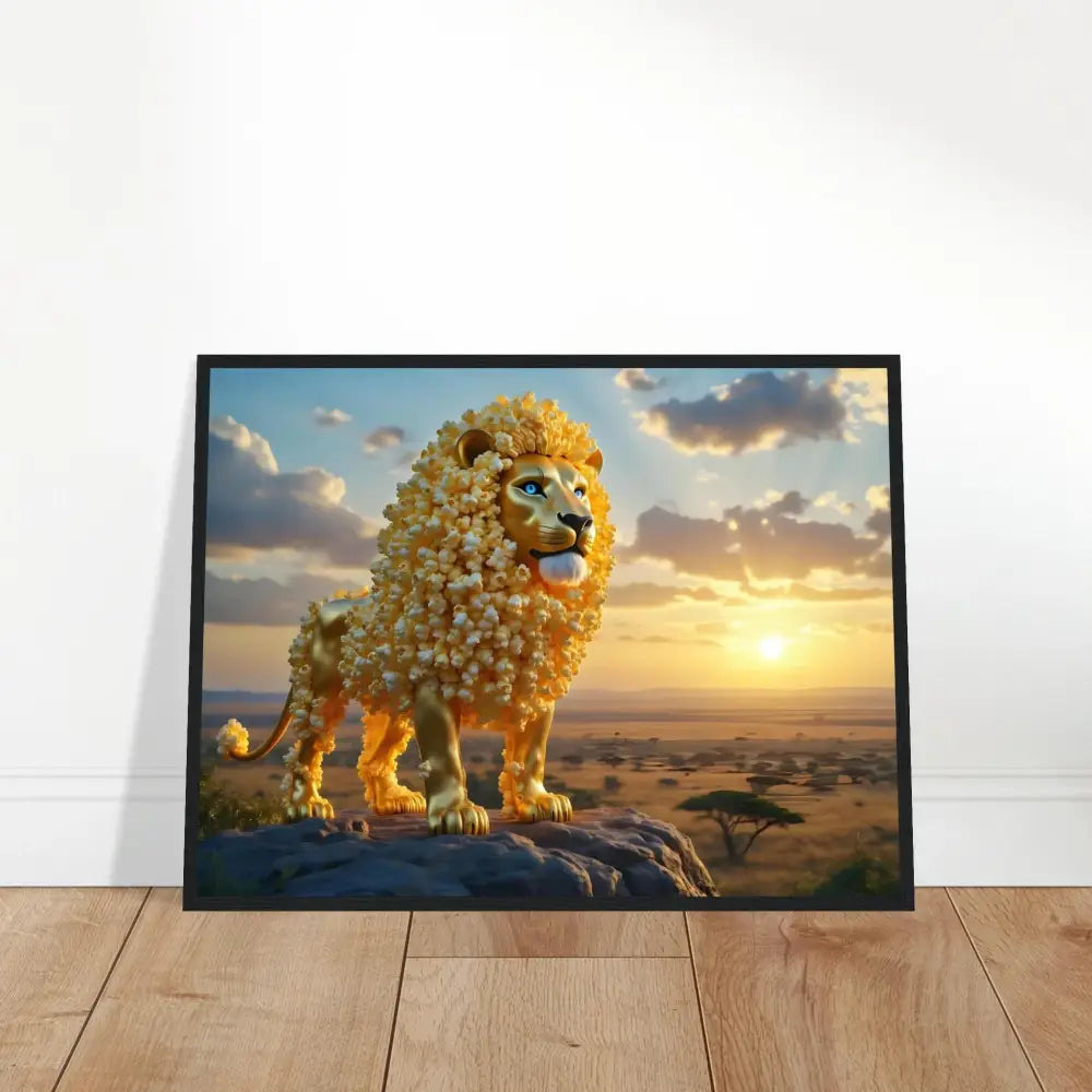 Framed lion artwork on premium matte paper wooden poster The Golden Kernel King PixiOnyx