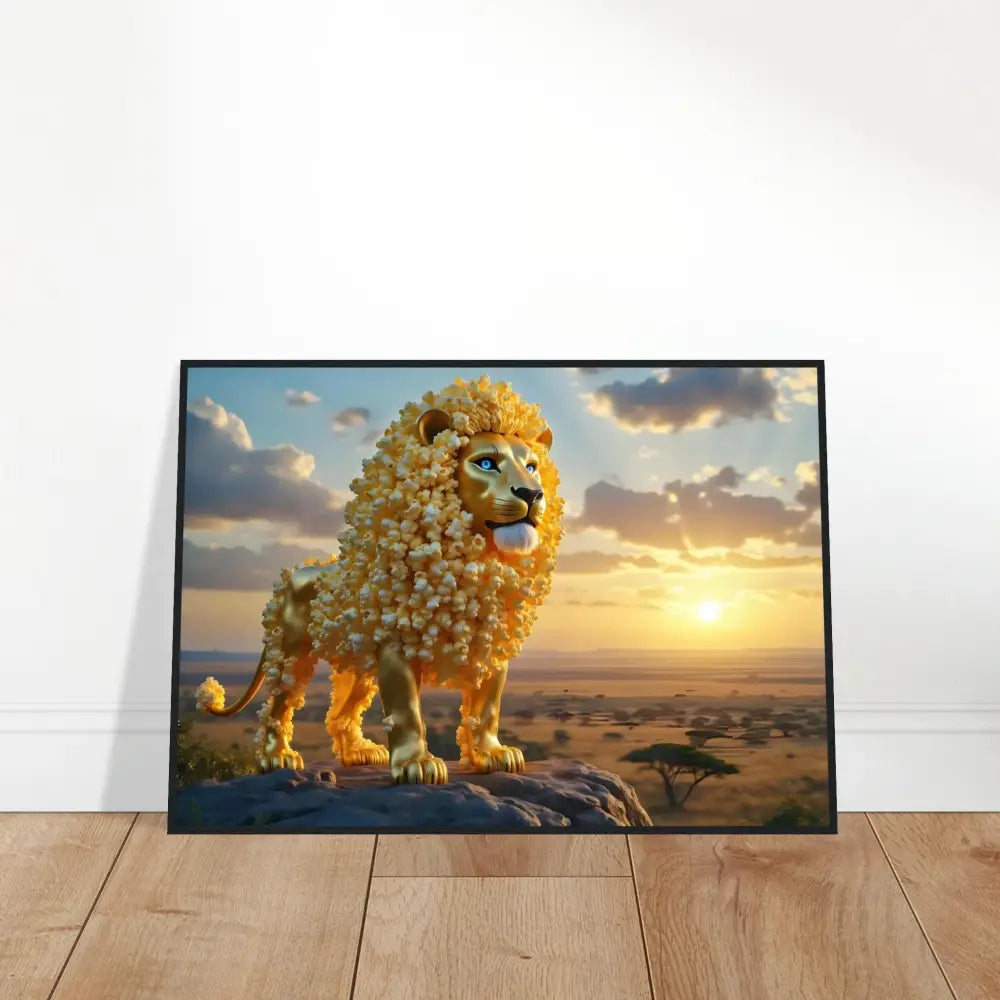 Framed lion artwork poster on premium matte paper in a wooden frame from PixiOnyx