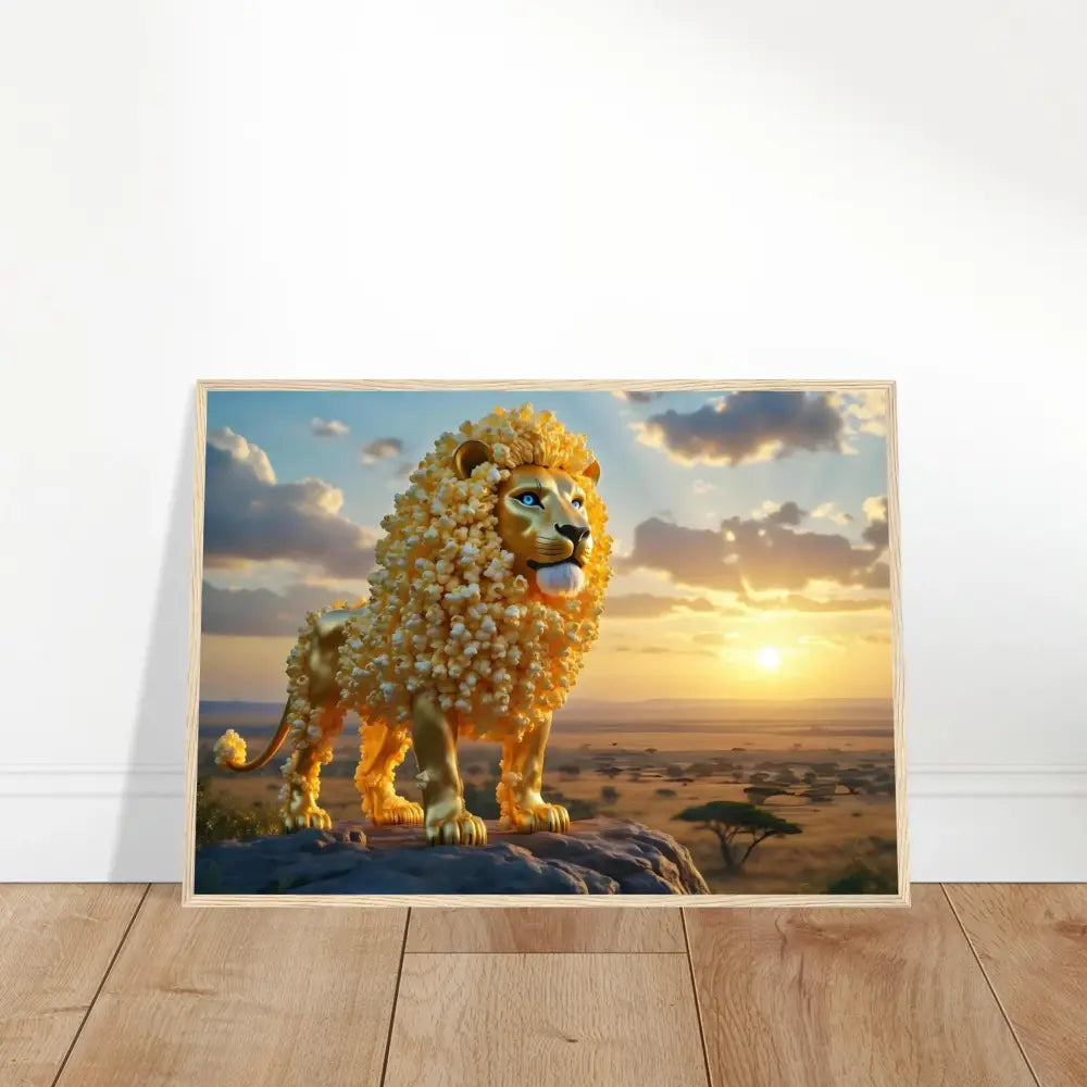 Framed Popcorn Lion artwork displayed on Premium Matte Paper Wooden Frame Poster in Whimsical Wilderness