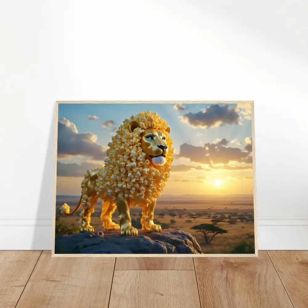 Framed golden lion artwork on premium matte paper in wooden frame from PixiOnyx Wilderness