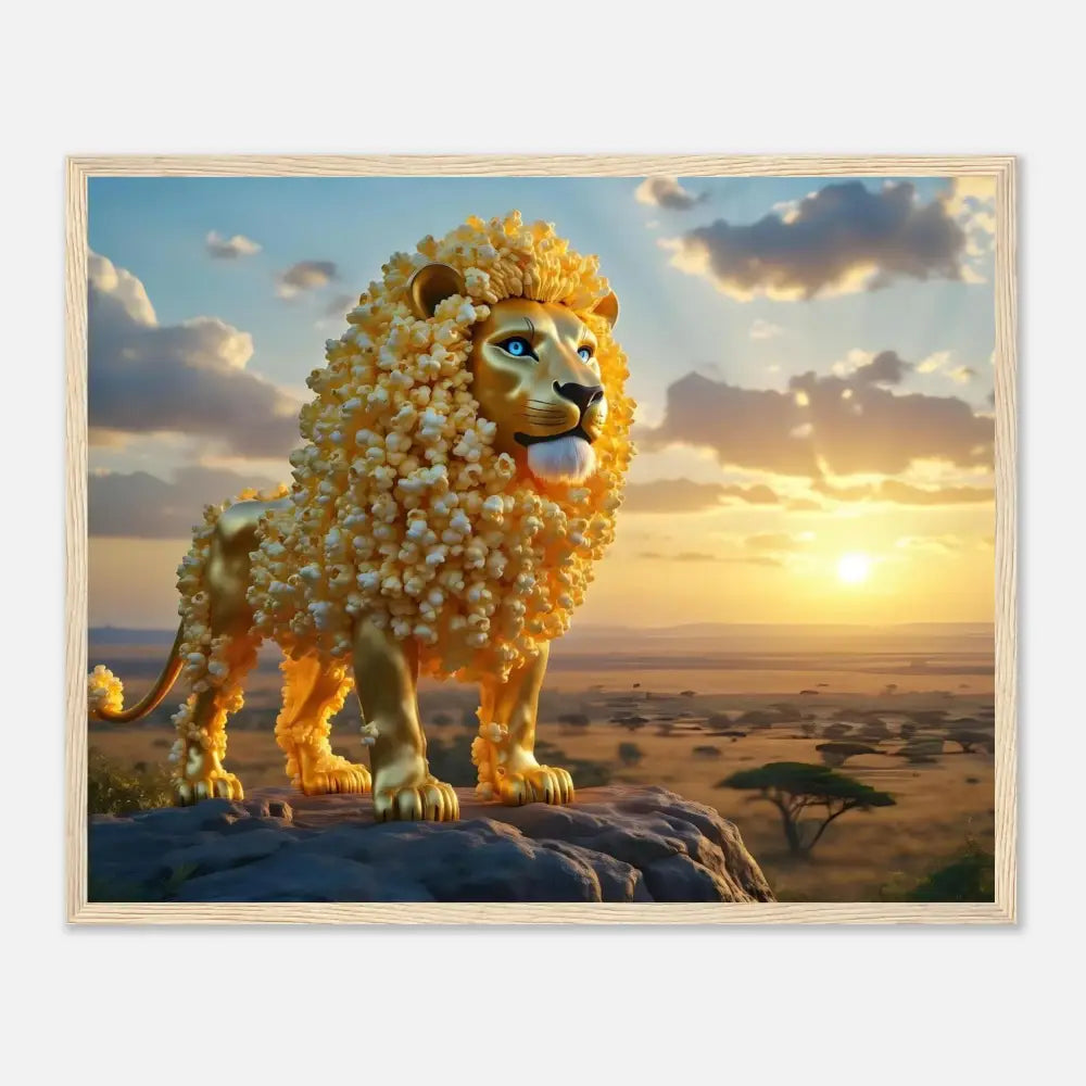 Framed golden lion statue on Premium Matte Paper Wooden Framed Poster The Golden Kernel King