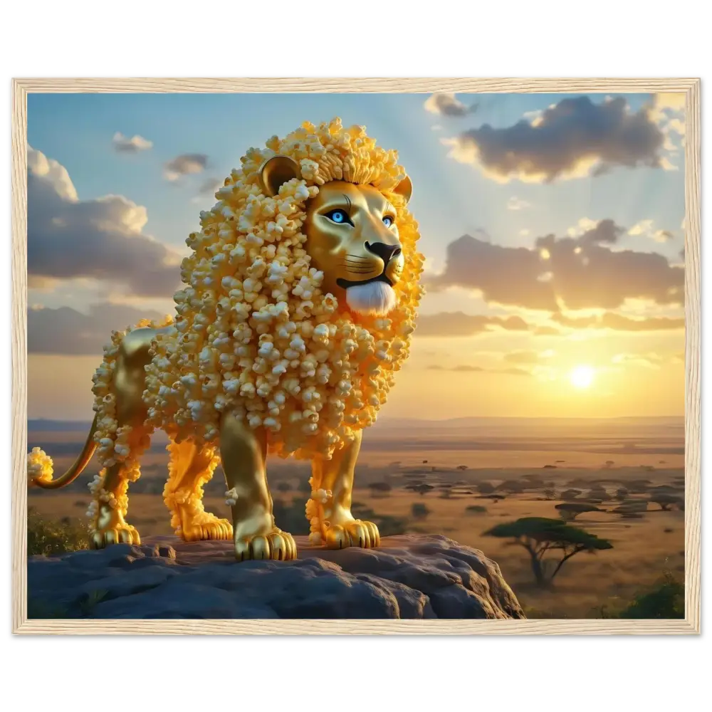 Golden lion with popcorn mane on Premium Matte Paper Wooden Framed Poster The Golden Kernel King