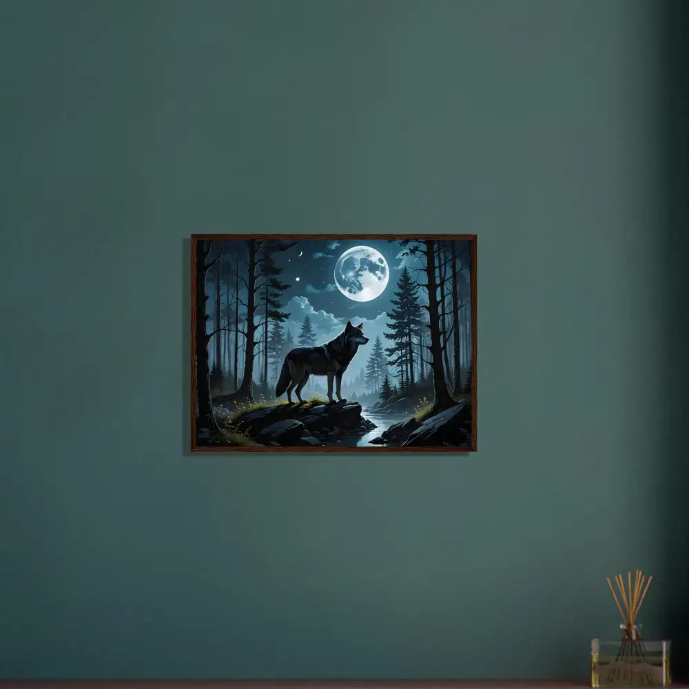 Framed Wolf and Moon Artwork on Premium Matte Paper Wooden Frame in Wolf Moon Reverie Style