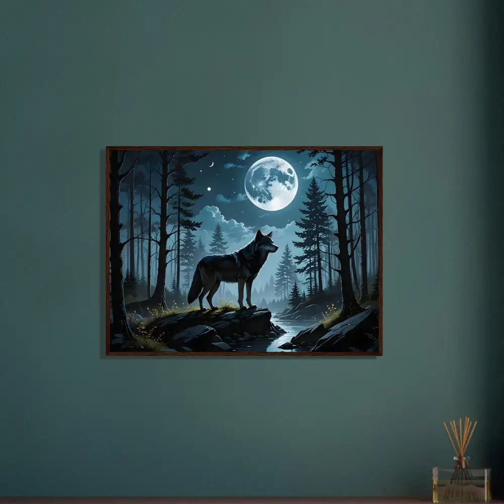 Framed Wolf and Moon Artwork Poster on Premium Matte Paper with Wooden Frame