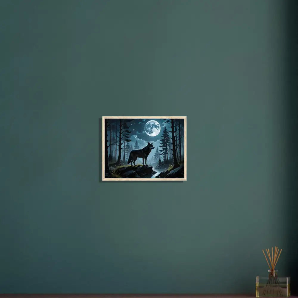 Framed wolf and moon artwork on premium matte paper in a wooden frame titled Wolf Moon Reverie