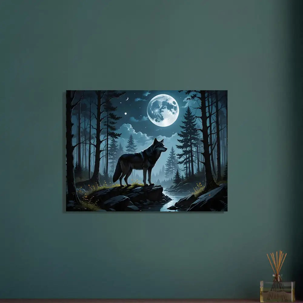 Wolf howling at the moon canvas framed poster displayed on Premium Matte Paper Wooden Frame