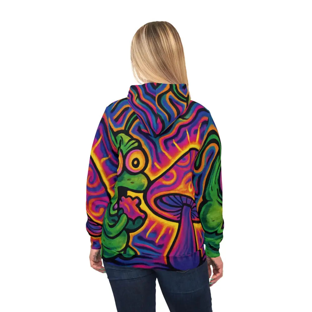 Colorful hoodie with psychedelic frog and mushroom design from PixiOnyx Shroomapillar Snack Attack collection