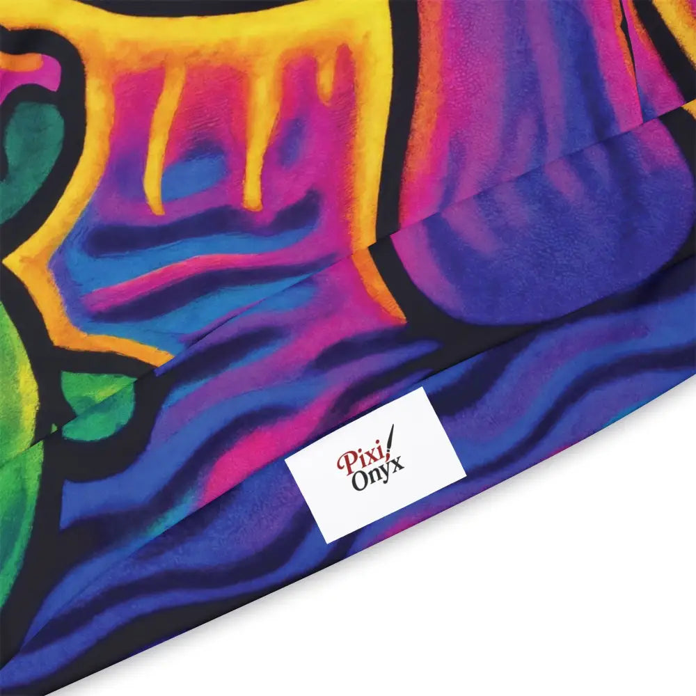 Colorful abstract fabric displayed on Premium Unisex Pullover Hoodie Shroomapillar Snack Attack PixiOnyx Absurdist Apparel