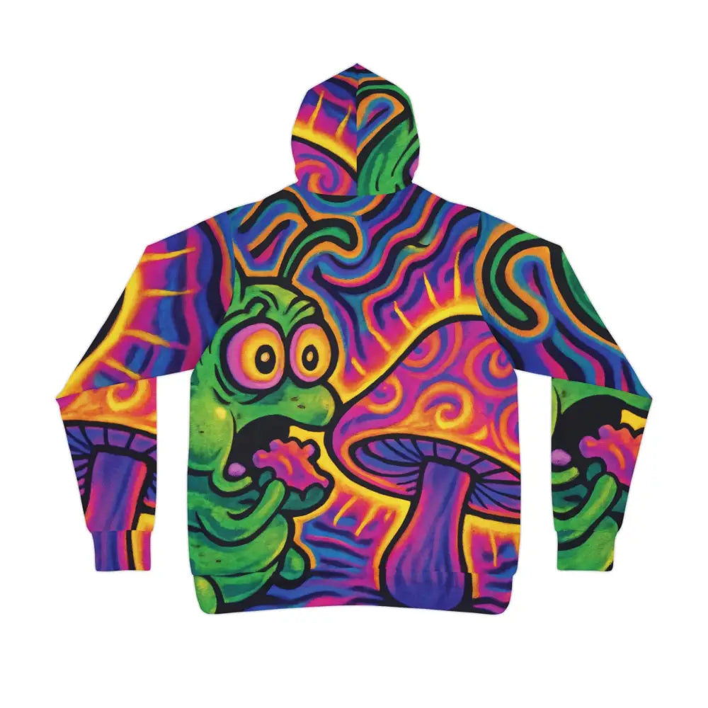 Psychedelic caterpillar and mushroom design on PixiOnyx Shroomapillar Snack Attack hoodie