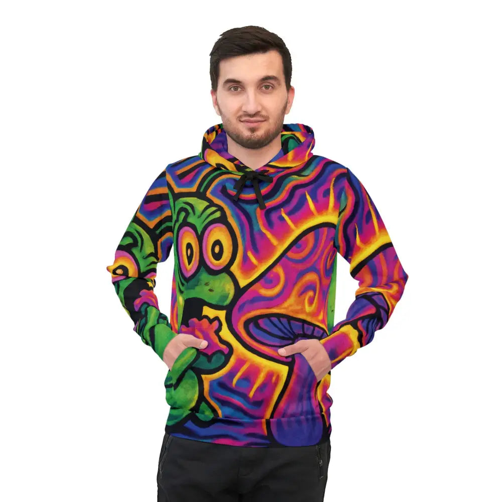 Man wearing psychedelic frog hoodie from PixiOnyx Shroomapillar Snack Attack collection
