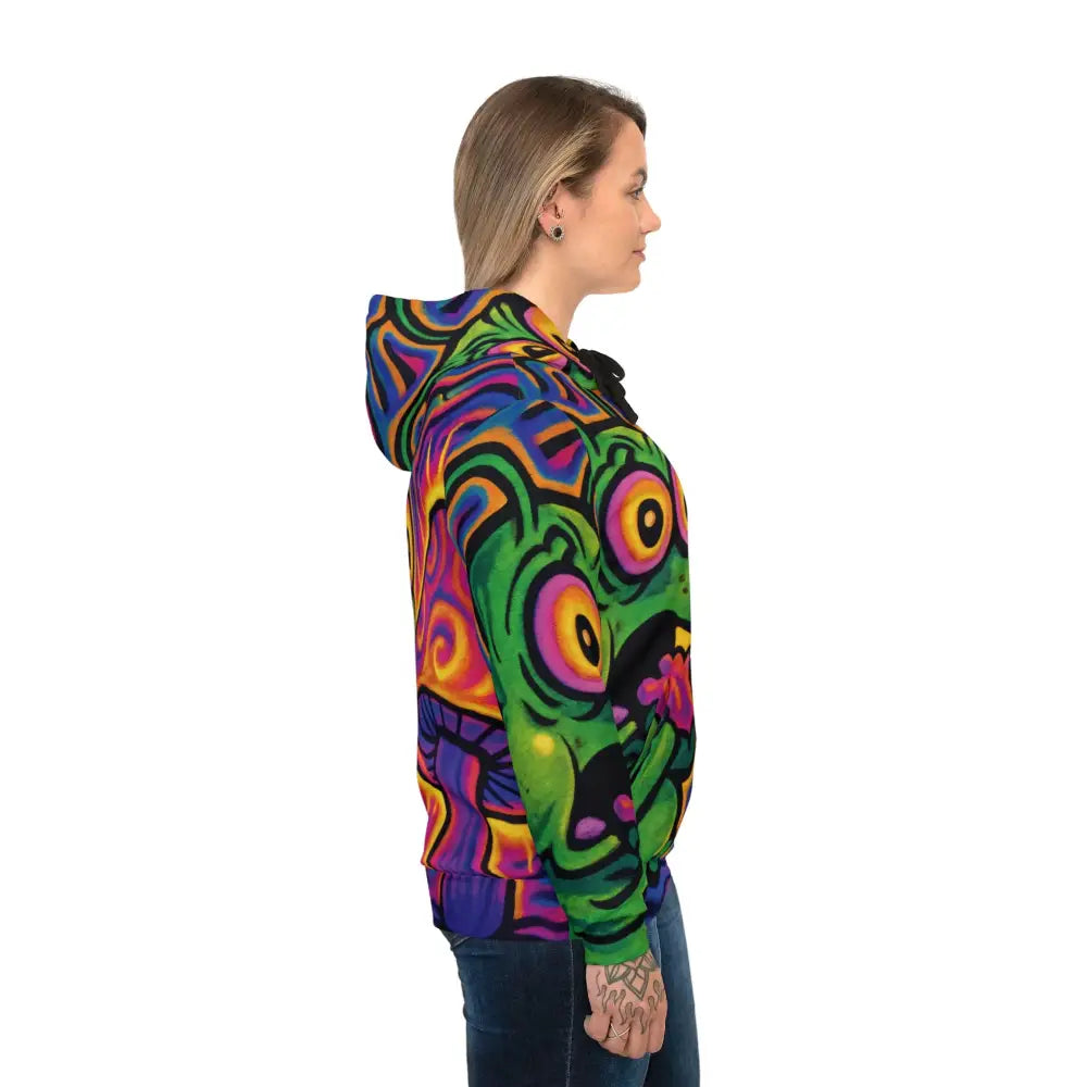 Colorful monster-patterned hoodie from PixiOnyx Shroomapillar Snack Attack collection