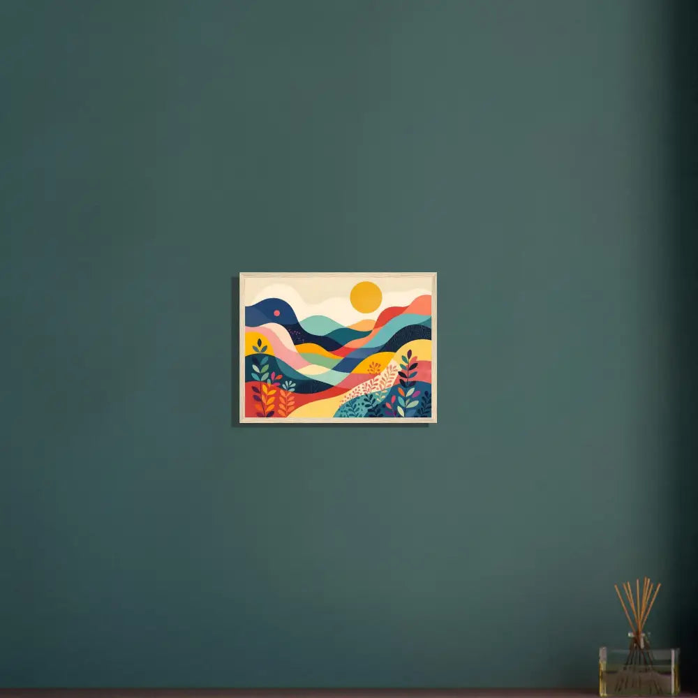 Colorful abstract landscape art displayed in Premium Wooden Framed Poster PixiOnyx Dreamscape Frame