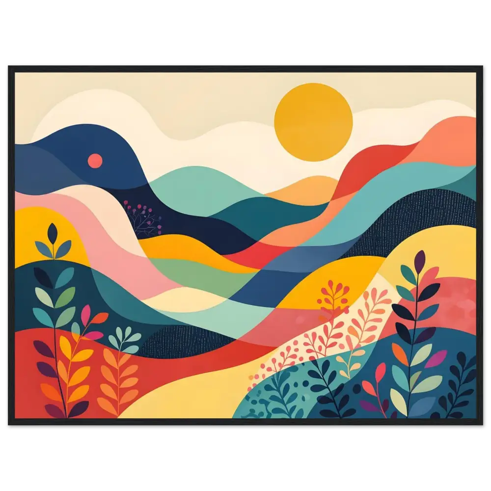 Colorful abstract landscape painting in a wooden frame for PixiOnyx Dreamscape poster