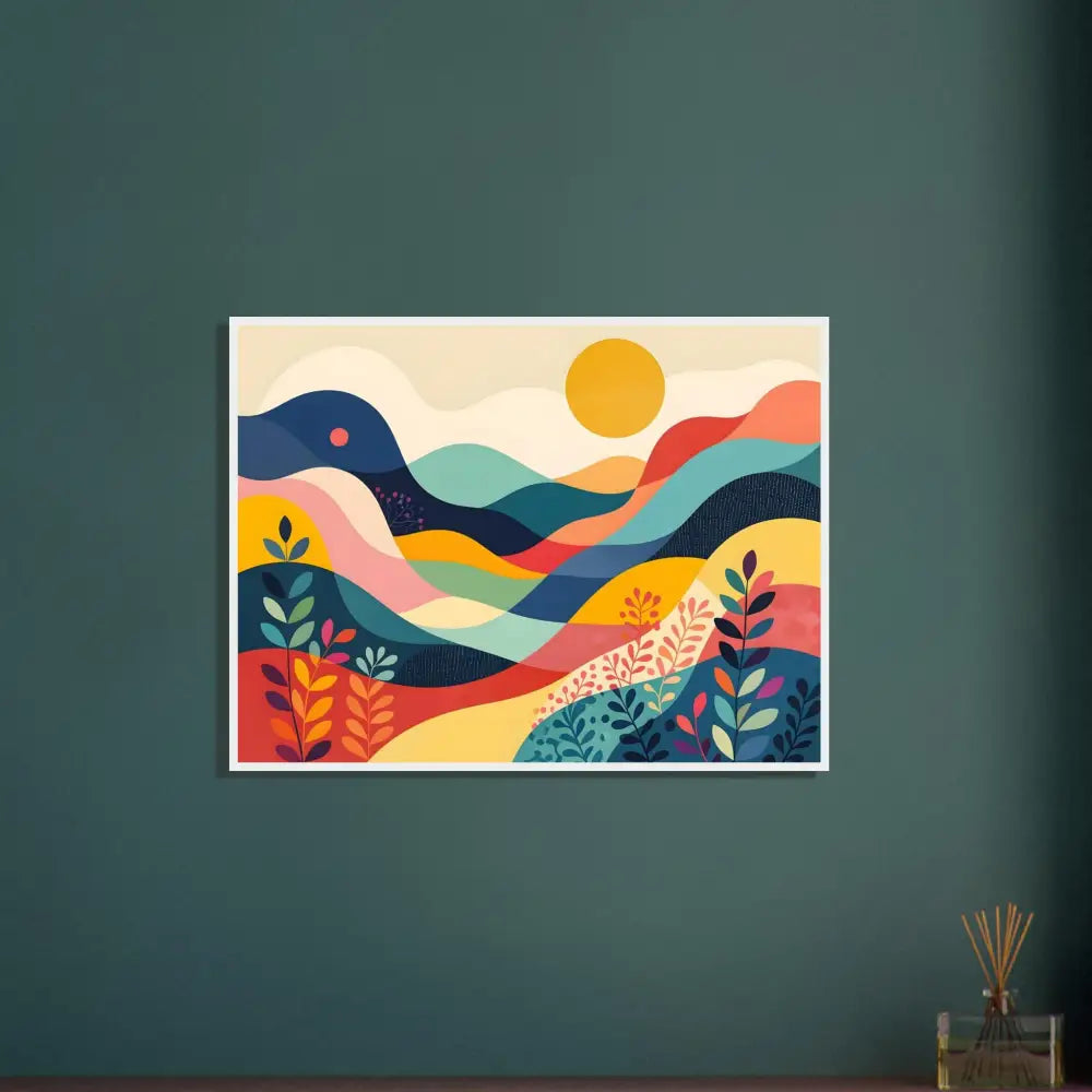 Colorful abstract landscape painting displayed in a premium wooden framed poster by PixiOnyx
