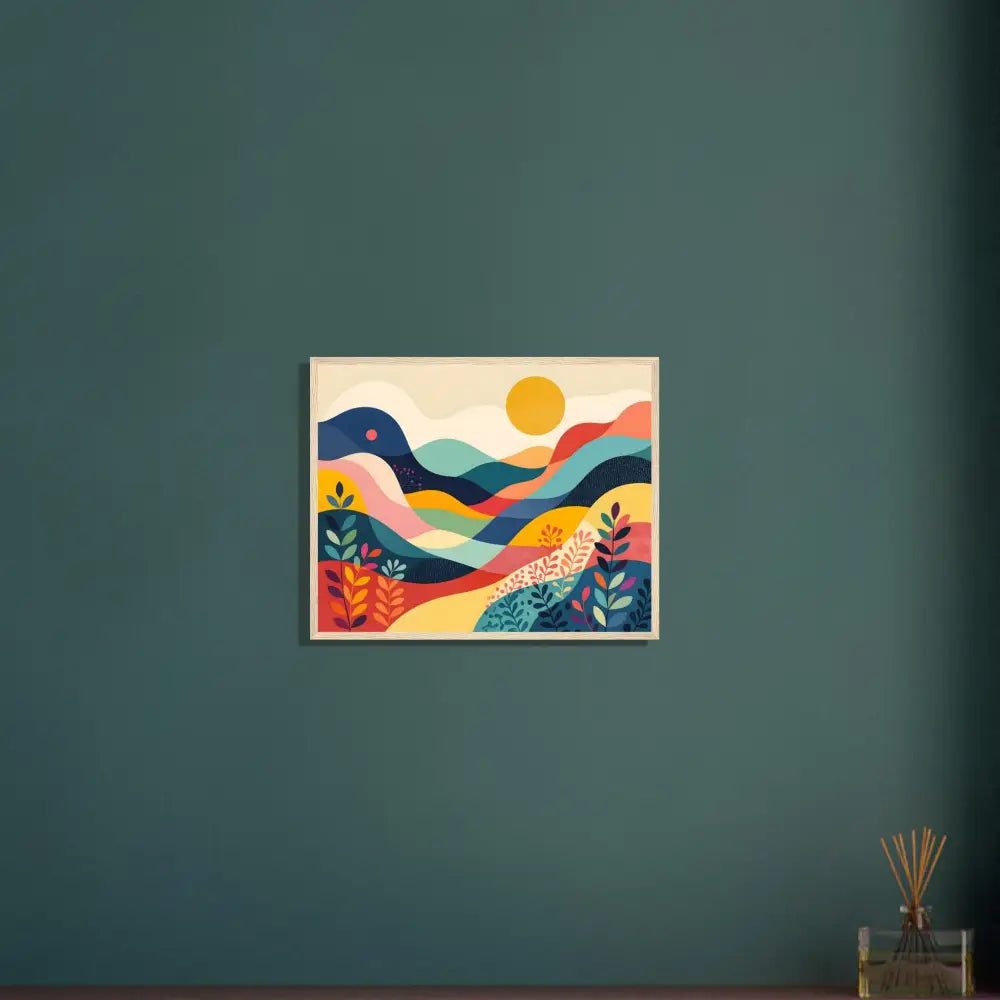 Colorful abstract landscape painting displayed in PixiOnyx Dreamscape Frame