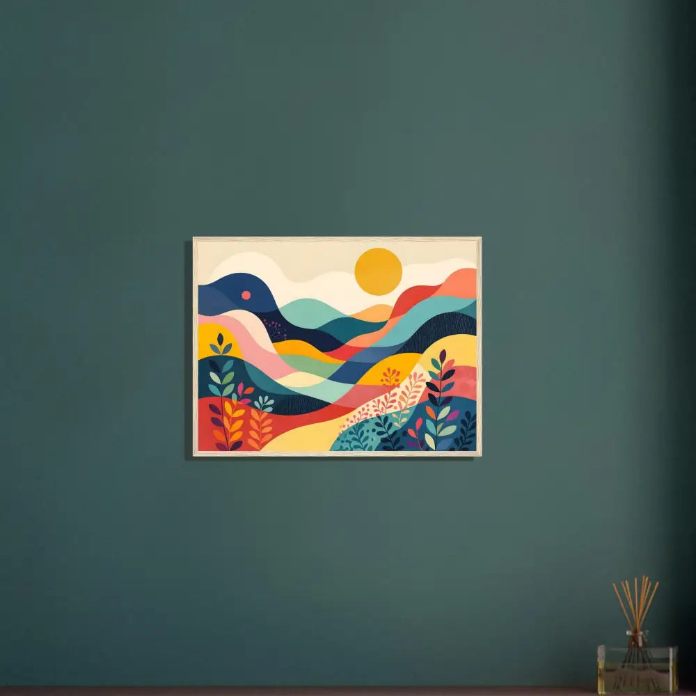 Colorful abstract landscape art in a premium wooden framed poster for modern decor