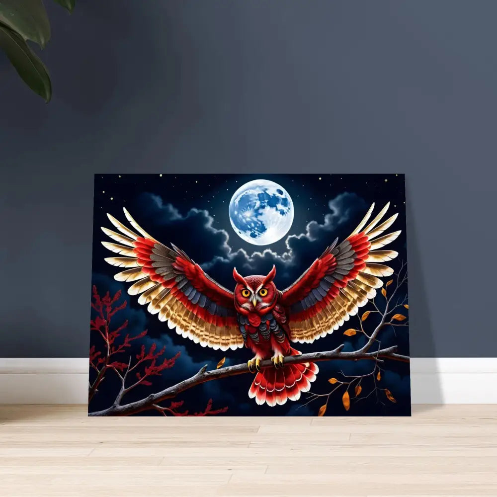 Colorful owl painting in a wooden frame from PixiOnyx Crimson Wings Unfurled poster