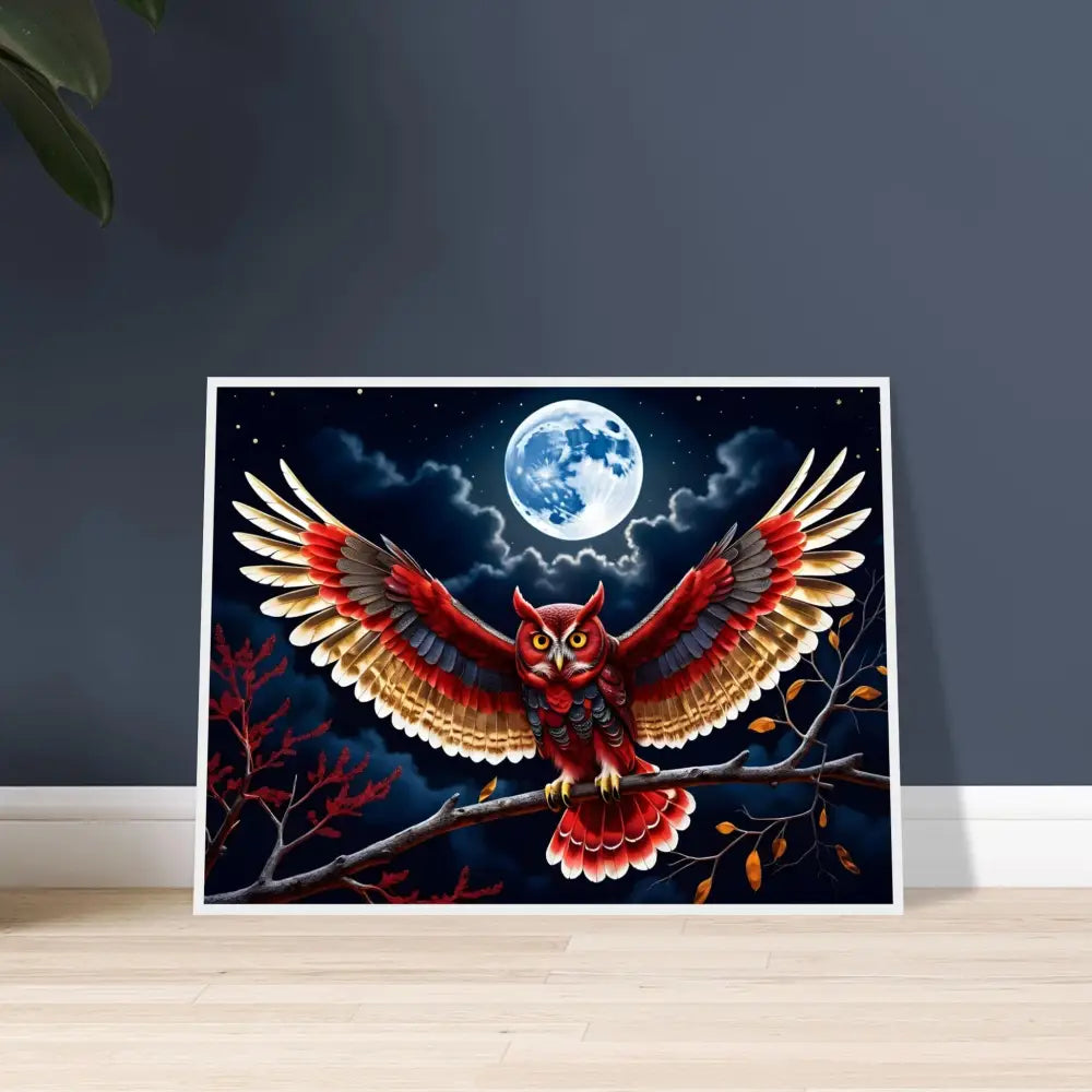 Framed owl art print from Premium Wooden Framed Poster Crimson Wings Unfurled PixiOnyx