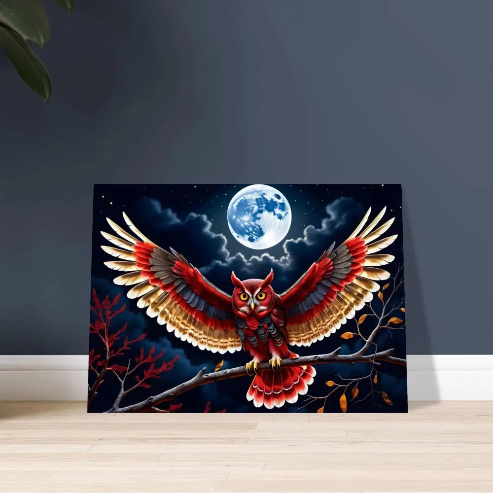 Colorful owl art print displayed in Premium Wooden Framed Poster Crimson Wings Unfurled