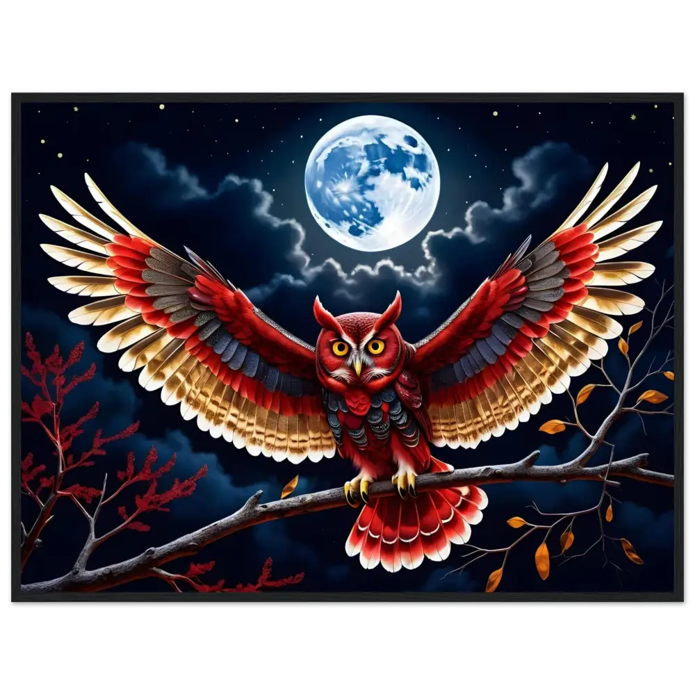 Vibrant owl with outstretched wings on Crimson Wings Unfurled Poster by PixiOnyx
