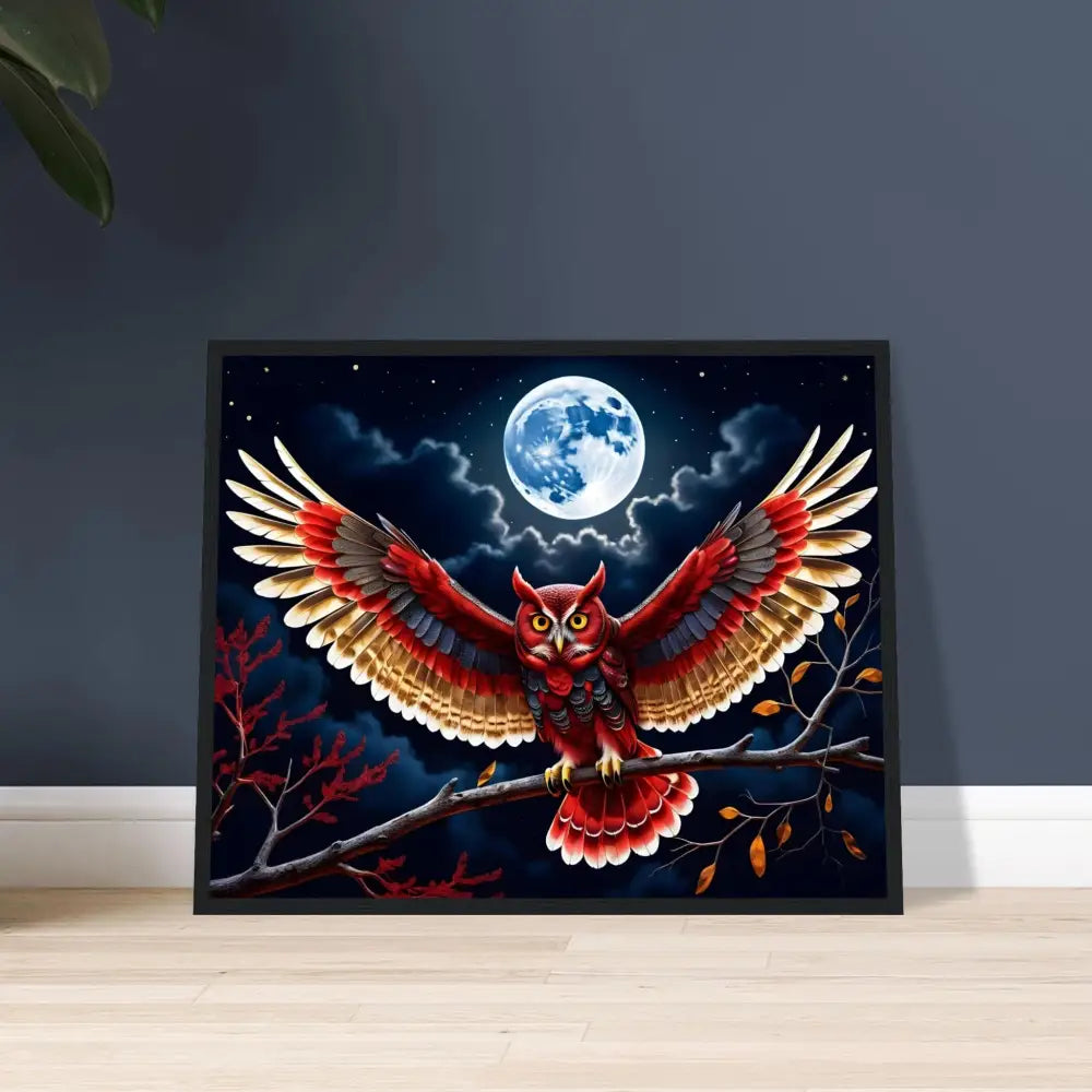 Framed owl artwork poster titled Crimson Wings Unfurled by PixiOnyx Celestial Elegance