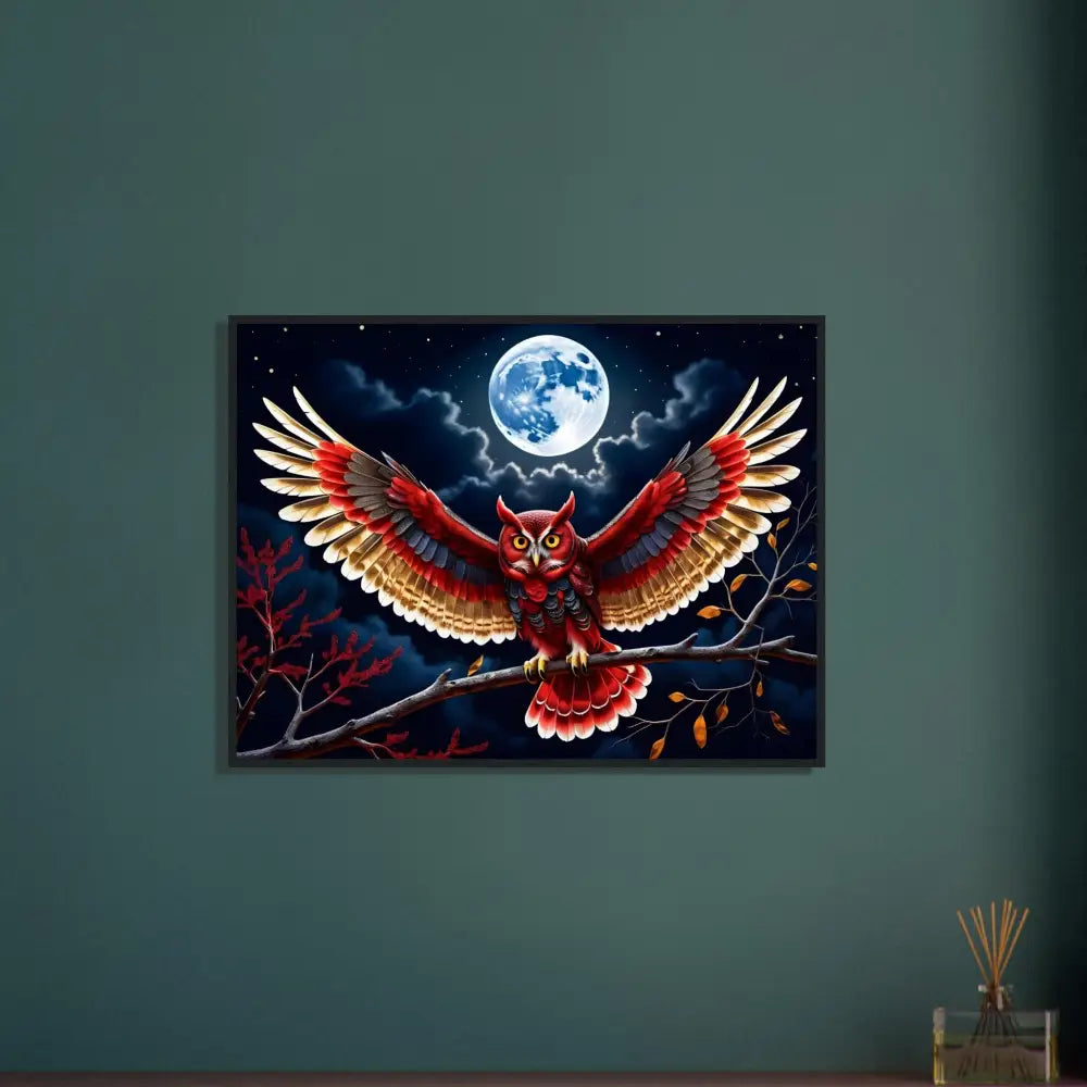 Framed owl painting from Premium Wooden Framed Poster Crimson Wings Unfurled PixiOnyx