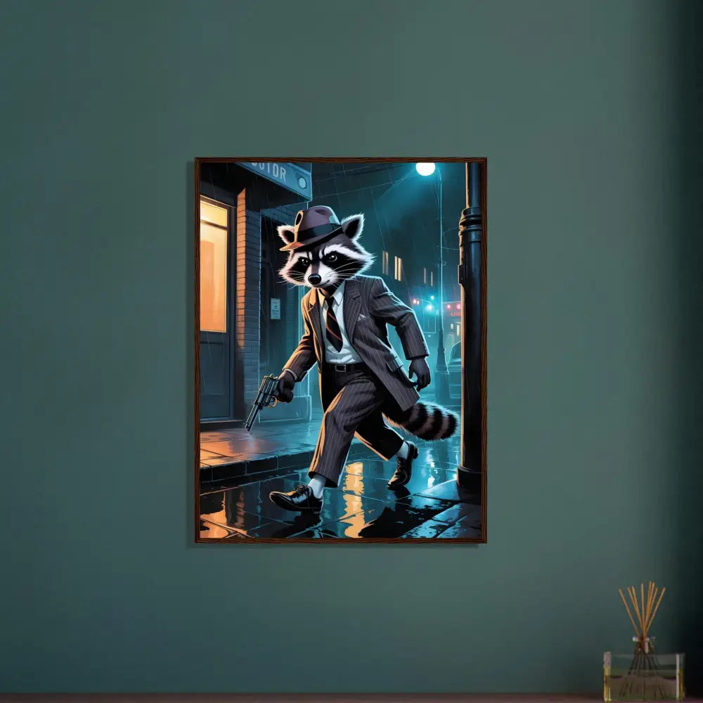 Framed gangster raccoon art poster with Noir Alley Swagger theme in Midnight Elegance style