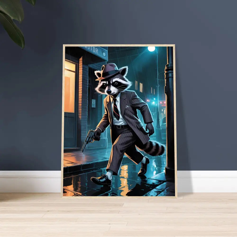Framed gangster raccoon art poster featuring noir alley swagger on dark wood frame