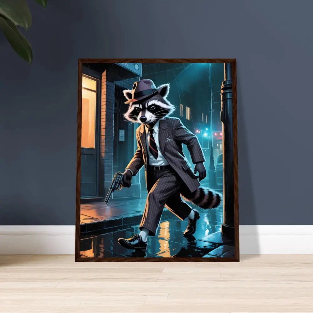 Framed Raccoon Gangster Art Poster in Noir Alley Style for Midnight Elegance Decor