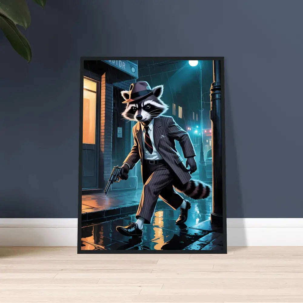 Framed raccoon gangster art poster from PixiOnyx Midnight Elegance collection