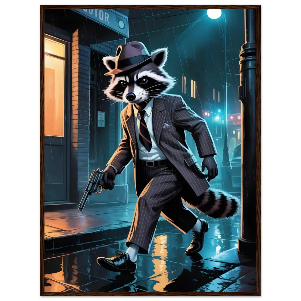 Anthropomorphic raccoon gangster poster in a premium wooden frame with Noir Alley Swagger theme