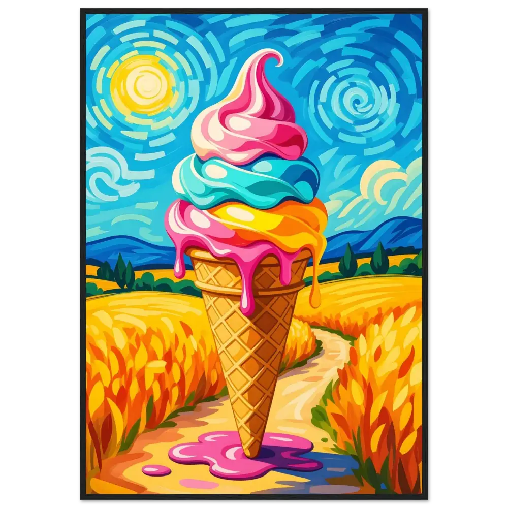 Colorful melting ice cream cone on the Premium Wooden Framed Poster Sunlit Swirl of Pastoral Chaos